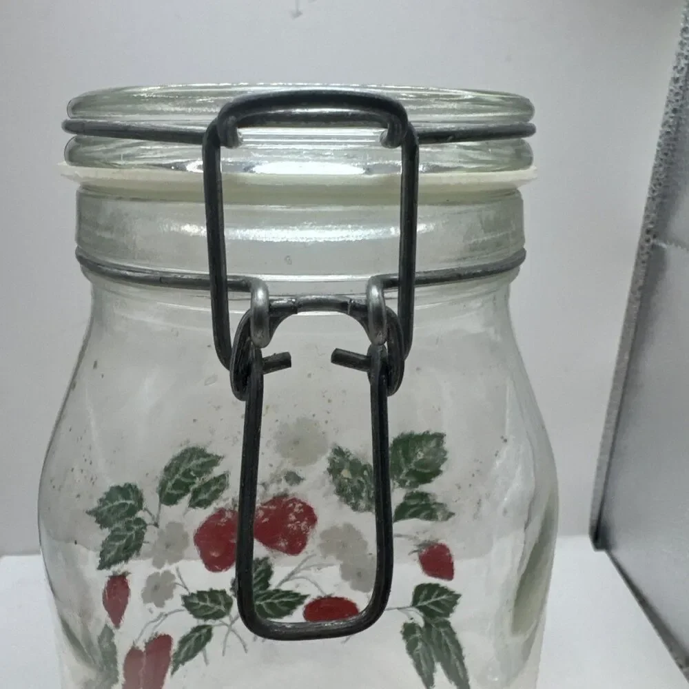 2 Carlton Glass Jar Canister 10” & 9” Bail Lid Strawberries 2 L 1.5 L USA